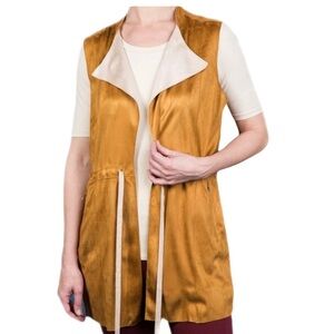 Leshop Faux Suede Long Vest Tie Waist